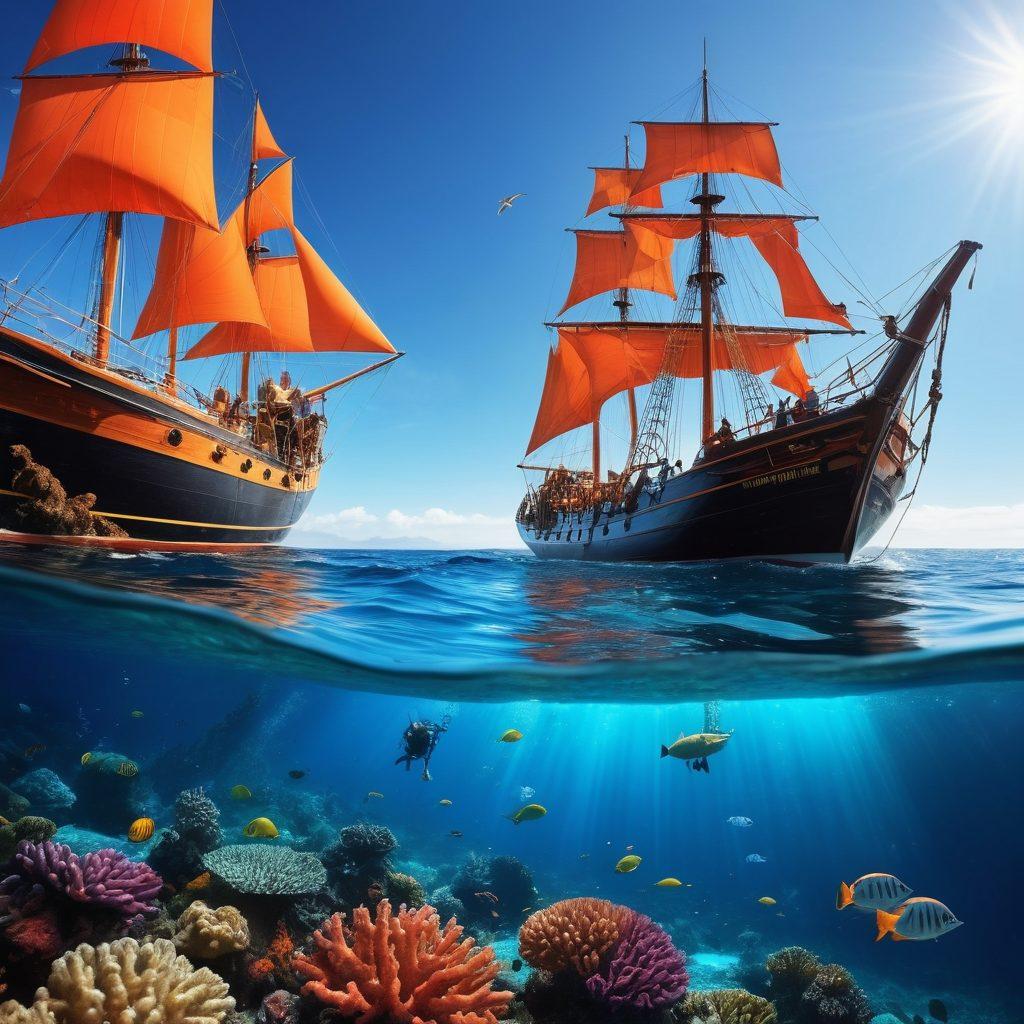 A serene ocean scene featuring a diverse group of maritime activities, including a sailing boat, a diver, and a fishing vessel, all under a bright blue sky. Emphasize safety equipment like life vests, flares, and insurance documents scattered around. Include subtle visual cues of coral reefs and marine life, symbolizing protection and exploration. Capture the essence of adventure while highlighting safety. vibrant colors. super-realistic.