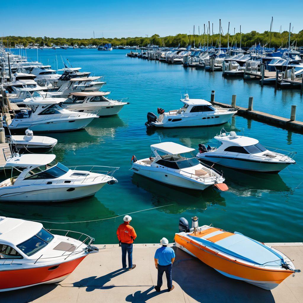 A vibrant scene showcasing a variety of watercraft, including pleasure crafts and fishing boats, anchored in a serene marina. In the foreground, an insurance agent is discussing coverage with a boat owner, with paperwork and a laptop open nearby. The backdrop features clear blue waters and a sunny sky, symbolizing safety and security. Include nautical elements like life jackets and fishing gear to emphasize the theme of tailored insurance. colorful illustration. bright colors. 3D effect.